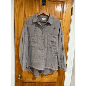 POL Distressed Oversized Button Down Jacket Gray Raw Hem Shacket M